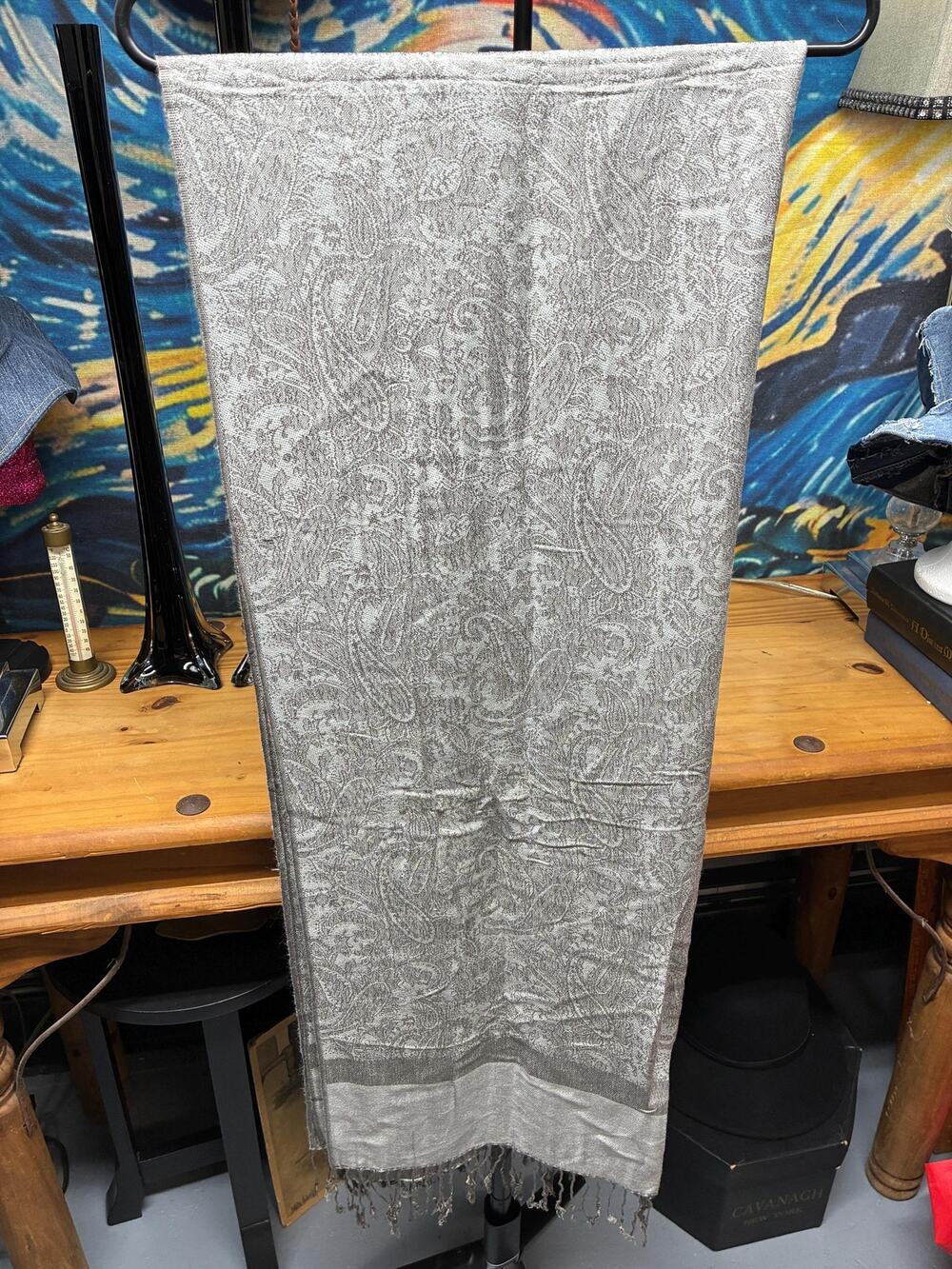 Gray Paisley Pashmina-Style Scarf, Boho Shawl with Fringe, Lightweight Wrap